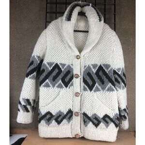 Indigenous Aztec Real Wool Thick Knit Handmade In Mexico Wood Button Down Large